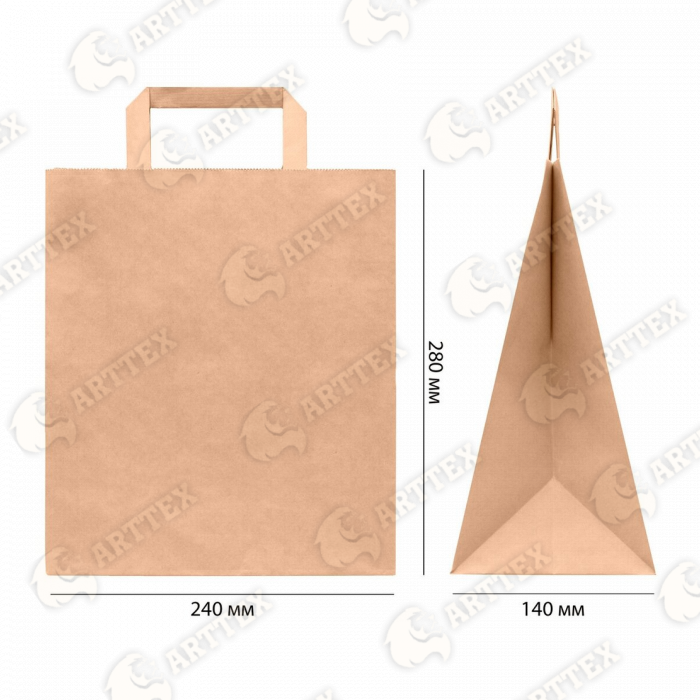 нф-00001044 arttex пакет бумажный с плоскими ручками (тек), крафт, 70 г/м², 240×140×280 мм, 300 шт/кор